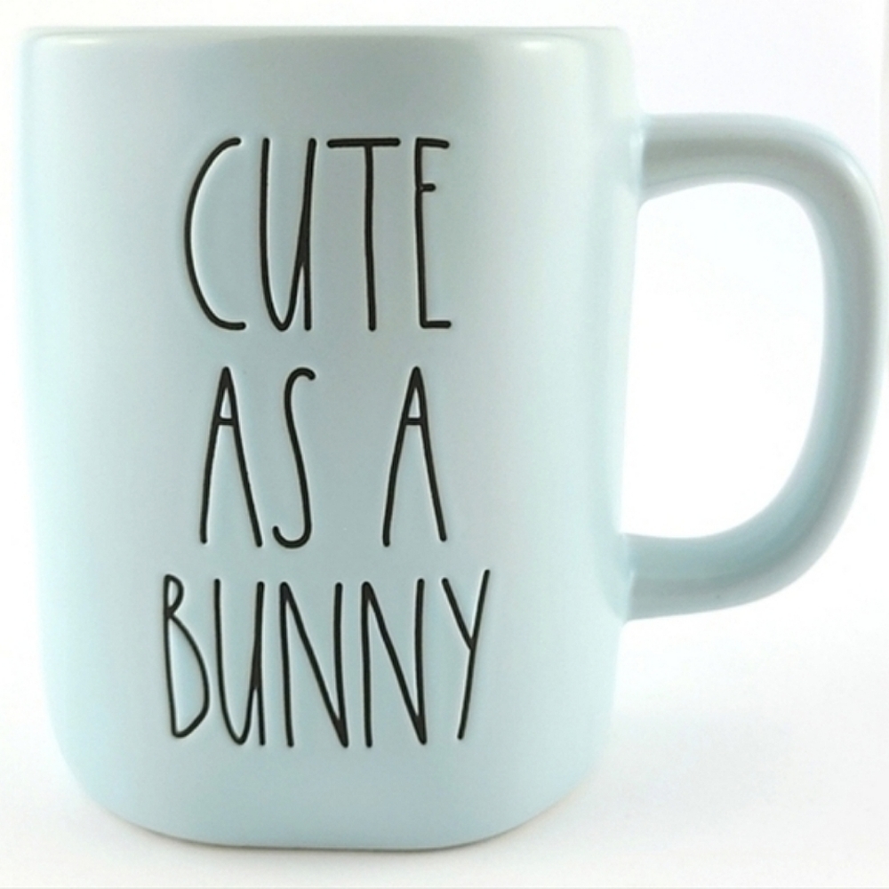 Rae Dunn Artisan Collection Blue Mug Black CUTE AS A BUNNY Large Letters